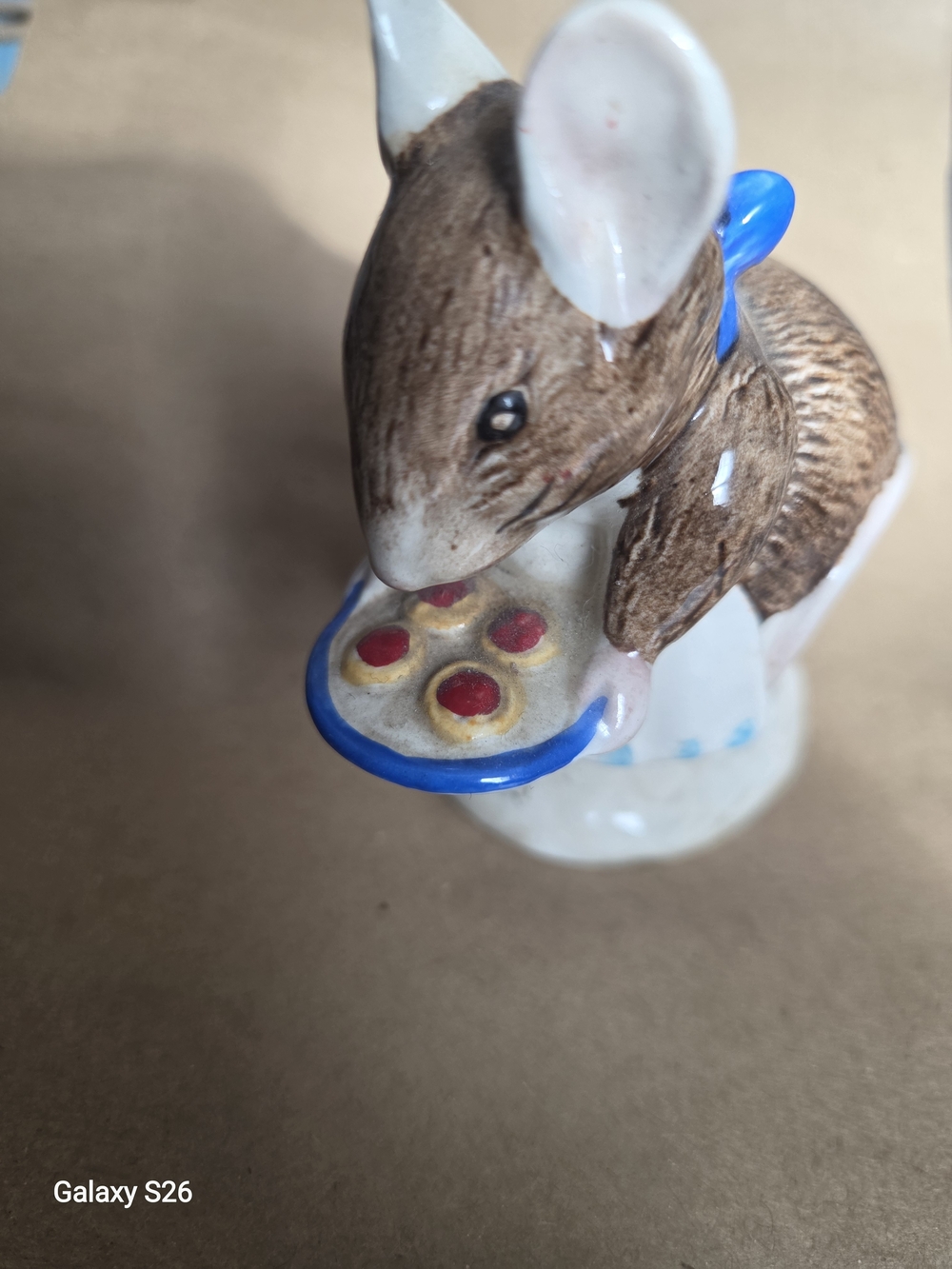 Hand-Painted Brown Ceramic Mouse Figurine with Blue Accents